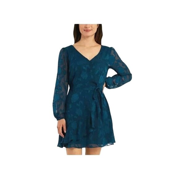 BCX Dark Fairy Floral Dress Junior XXS Tiered Ruffle Faux Wrap Textured - Picture 3 of 13